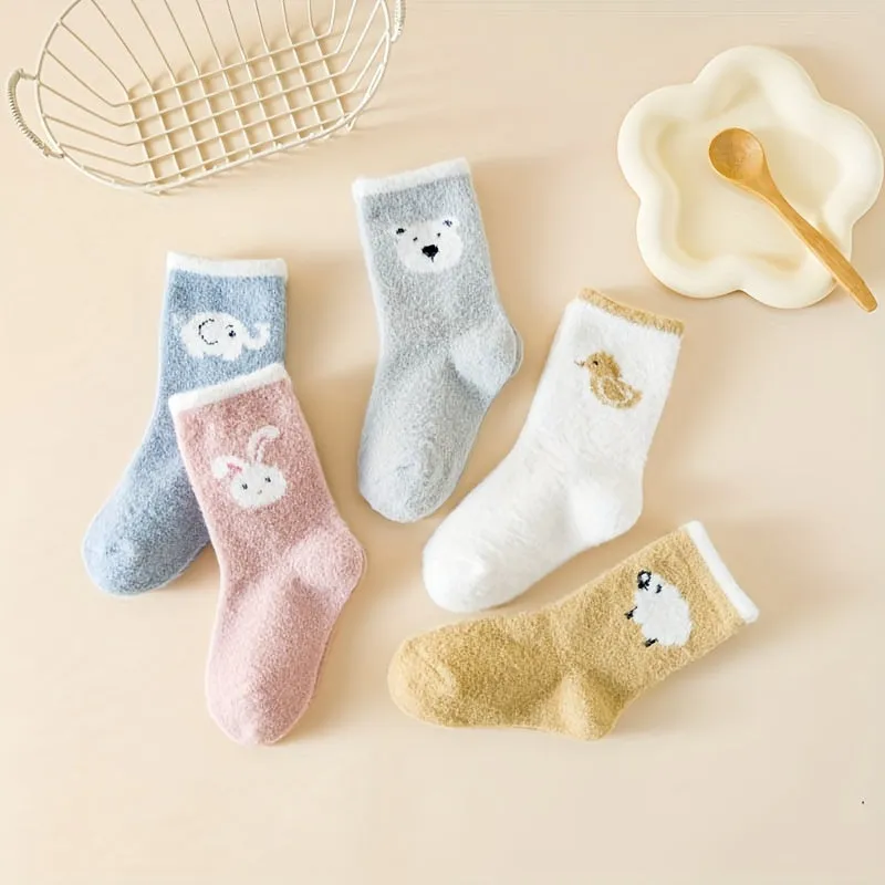 5 Pairs Of Baby Girl's Cute Animals Cartoon Pattern Knitted Socks, Thermal Comfy Breathable Soft Quarter Socks For Babies Winter & Autumn Wearing