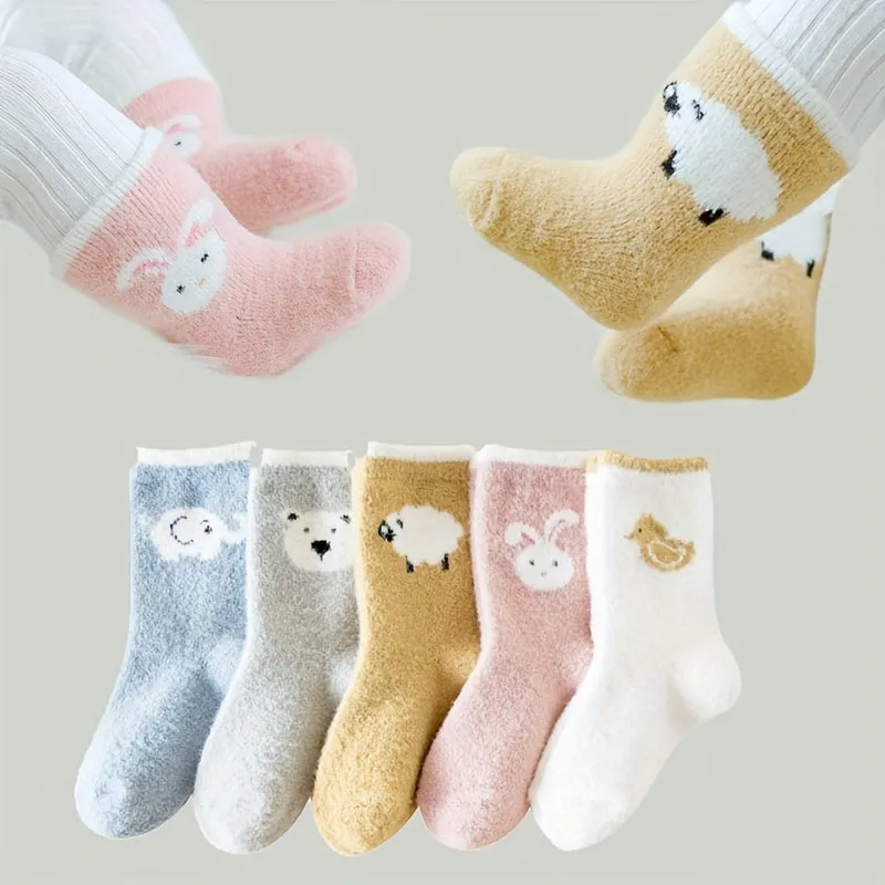 5 Pairs Of Baby Girl's Cute Animals Cartoon Pattern Knitted Socks, Thermal Comfy Breathable Soft Quarter Socks For Babies Winter & Autumn Wearing