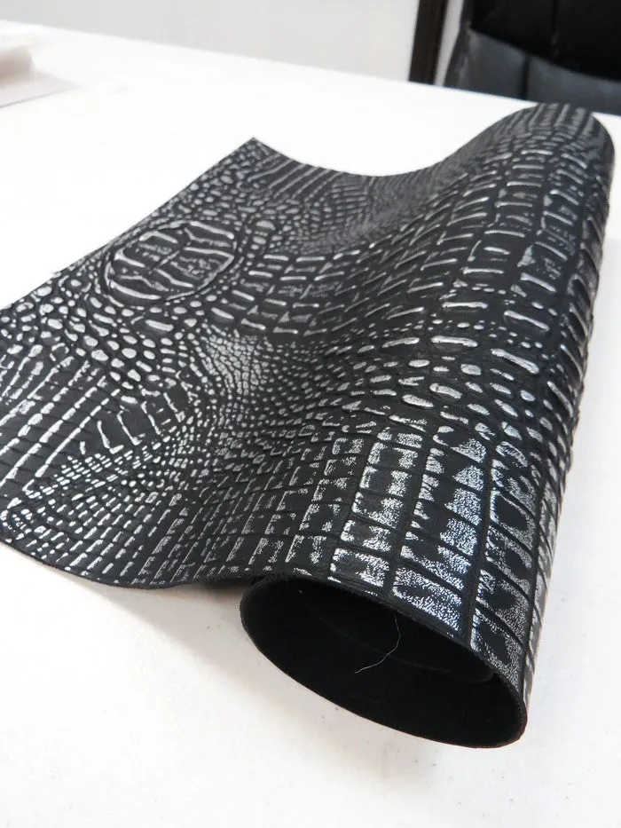 Black/Silver Metallic Caiman Gator Vinyl / Sold by the Yard