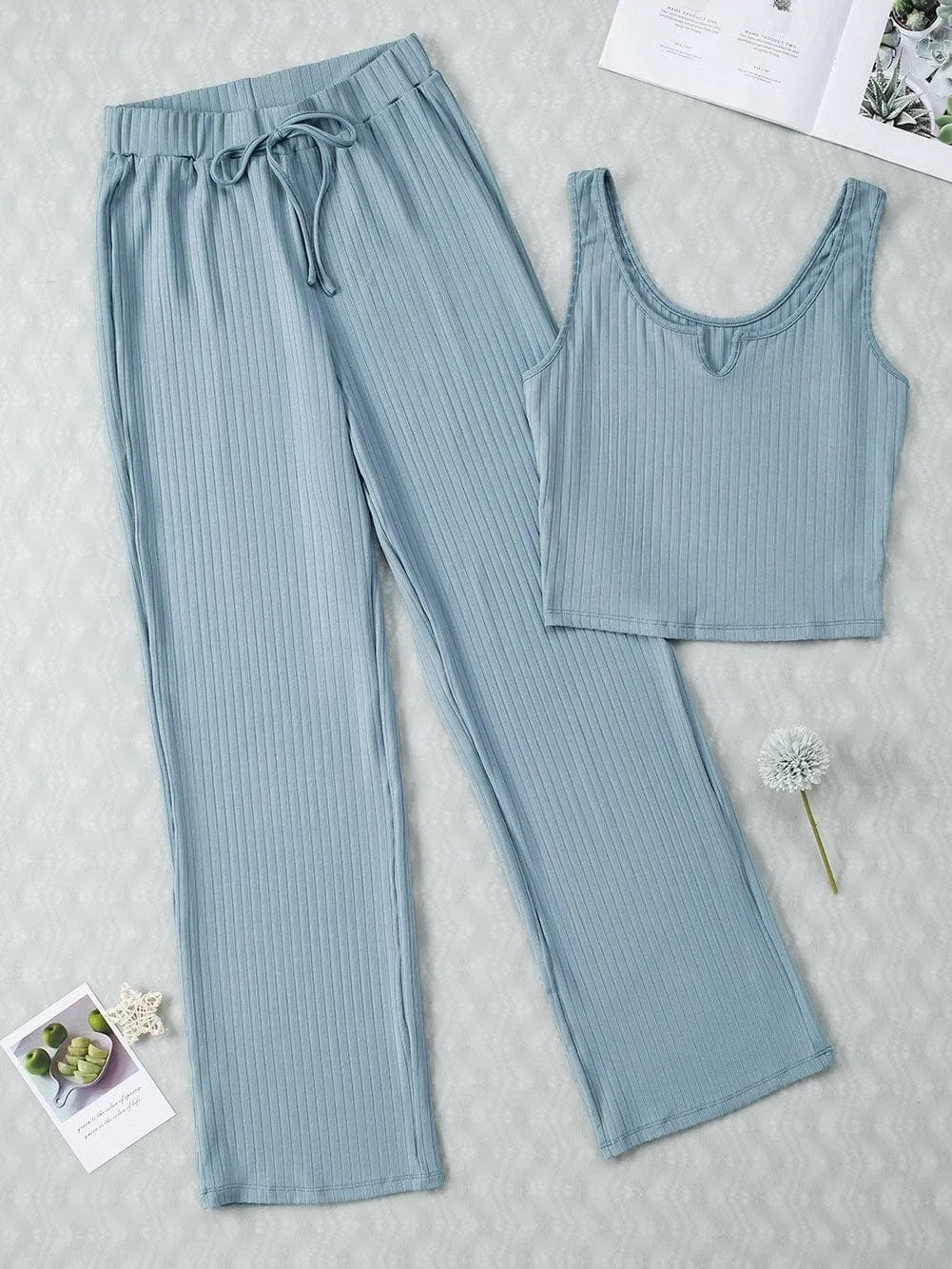 Blue Ribbed Lounge Set with Crop Tank and Drawstring Pants