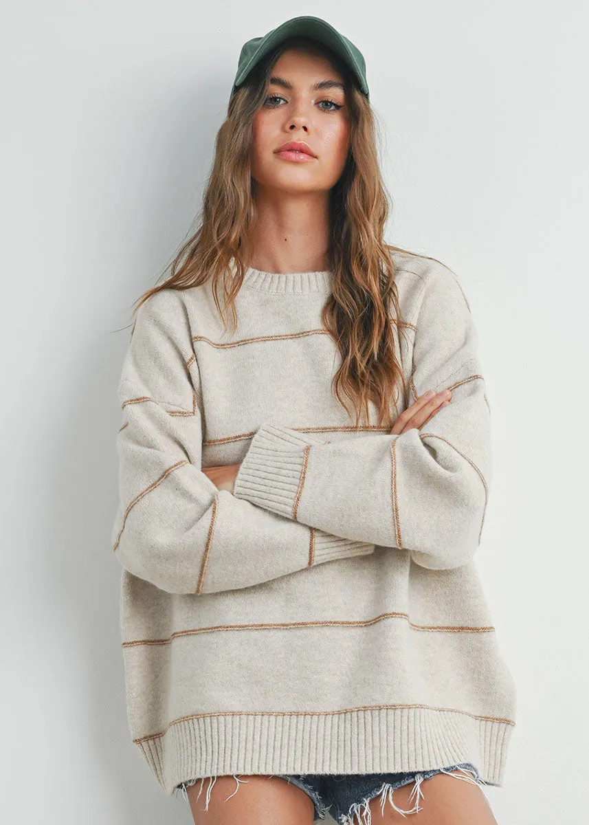 Carlyle Striped Drop-Shoulder Sweater - Taupe Multi