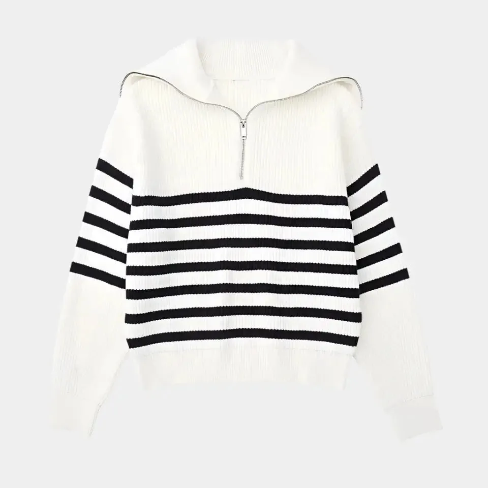 Casual Striped Zip Up Sweater - Cross & Crown