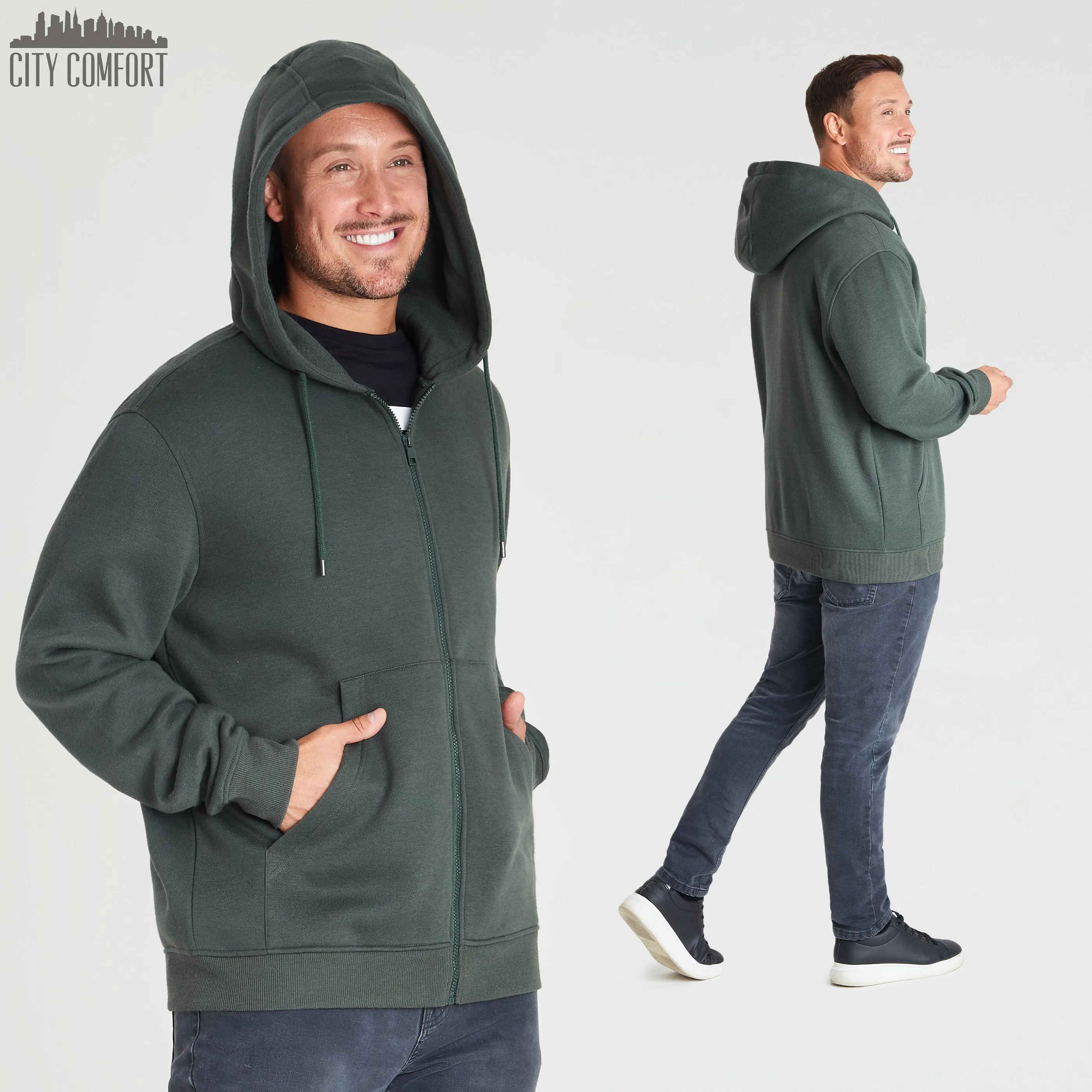 CityComfort Mens Plain Zip Up Hoodie, KHAKI Hooded Sweatshirt Zipped Jumper