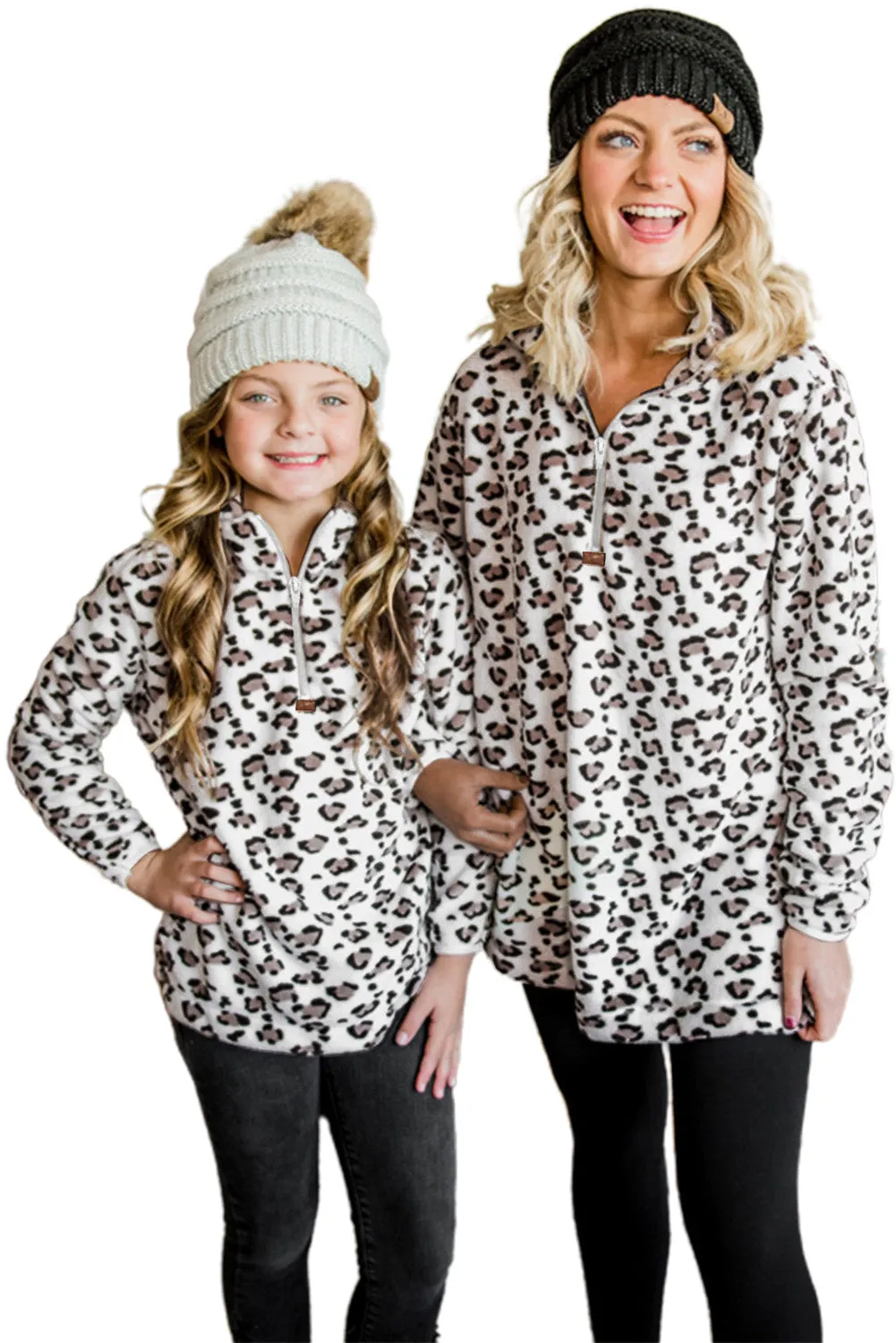 Family Matching Mom¡®s Leopard Quarter Zip Fleece Sweatshirt