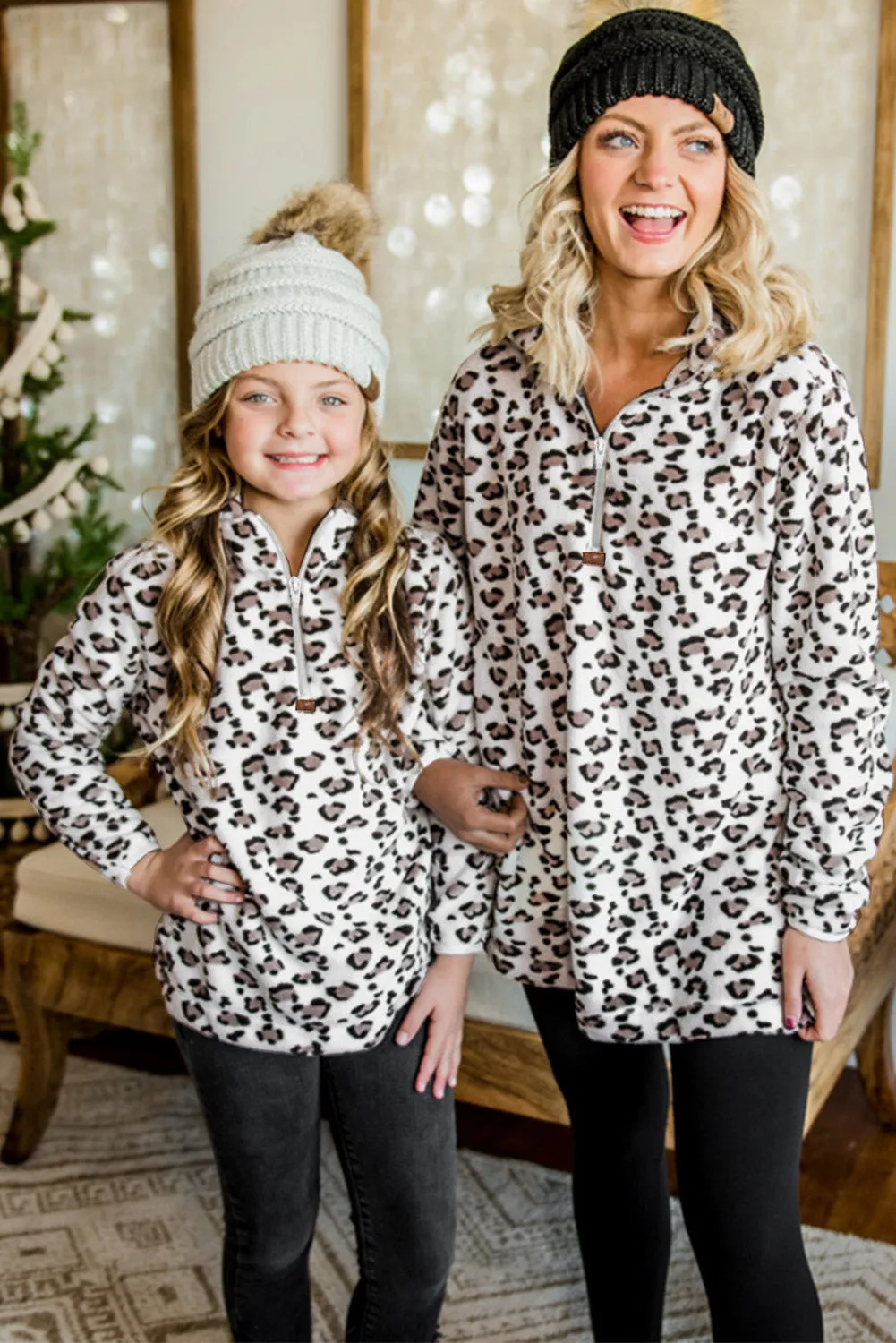 Family Matching Mom¡®s Leopard Quarter Zip Fleece Sweatshirt