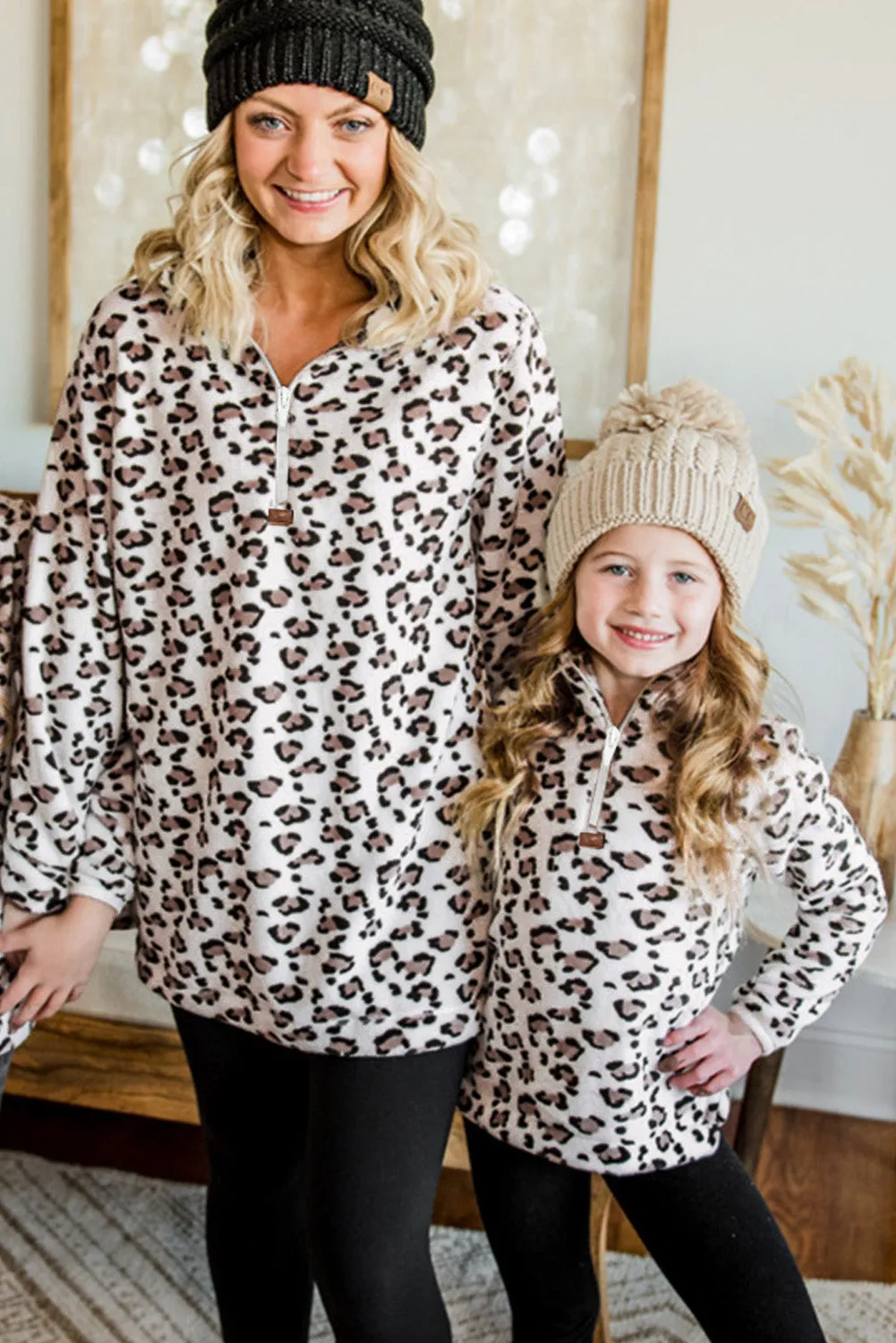 Family Matching Mom¡®s Leopard Quarter Zip Fleece Sweatshirt