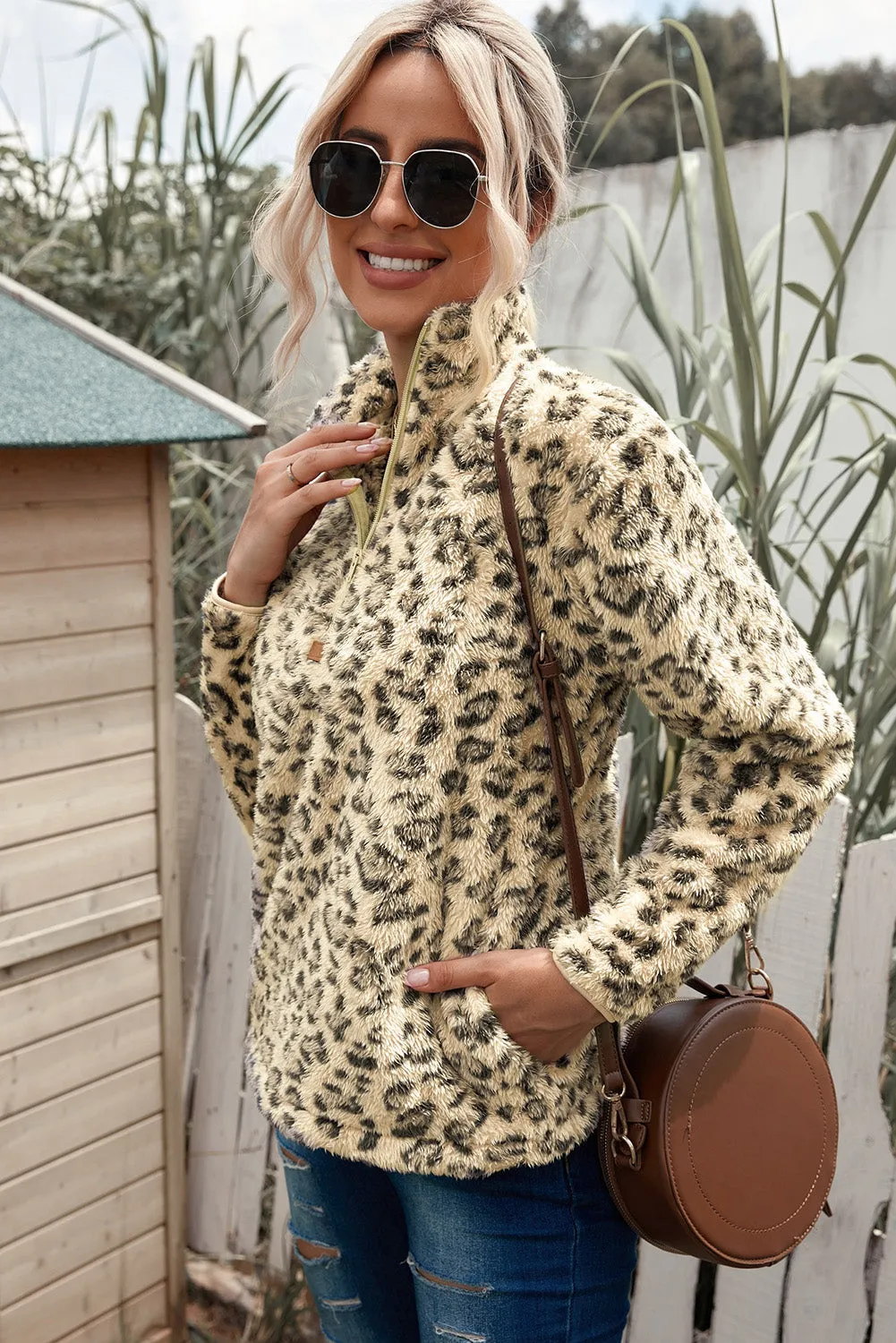 Family Matching Mom¡®s Leopard Quarter Zip Fleece Sweatshirt