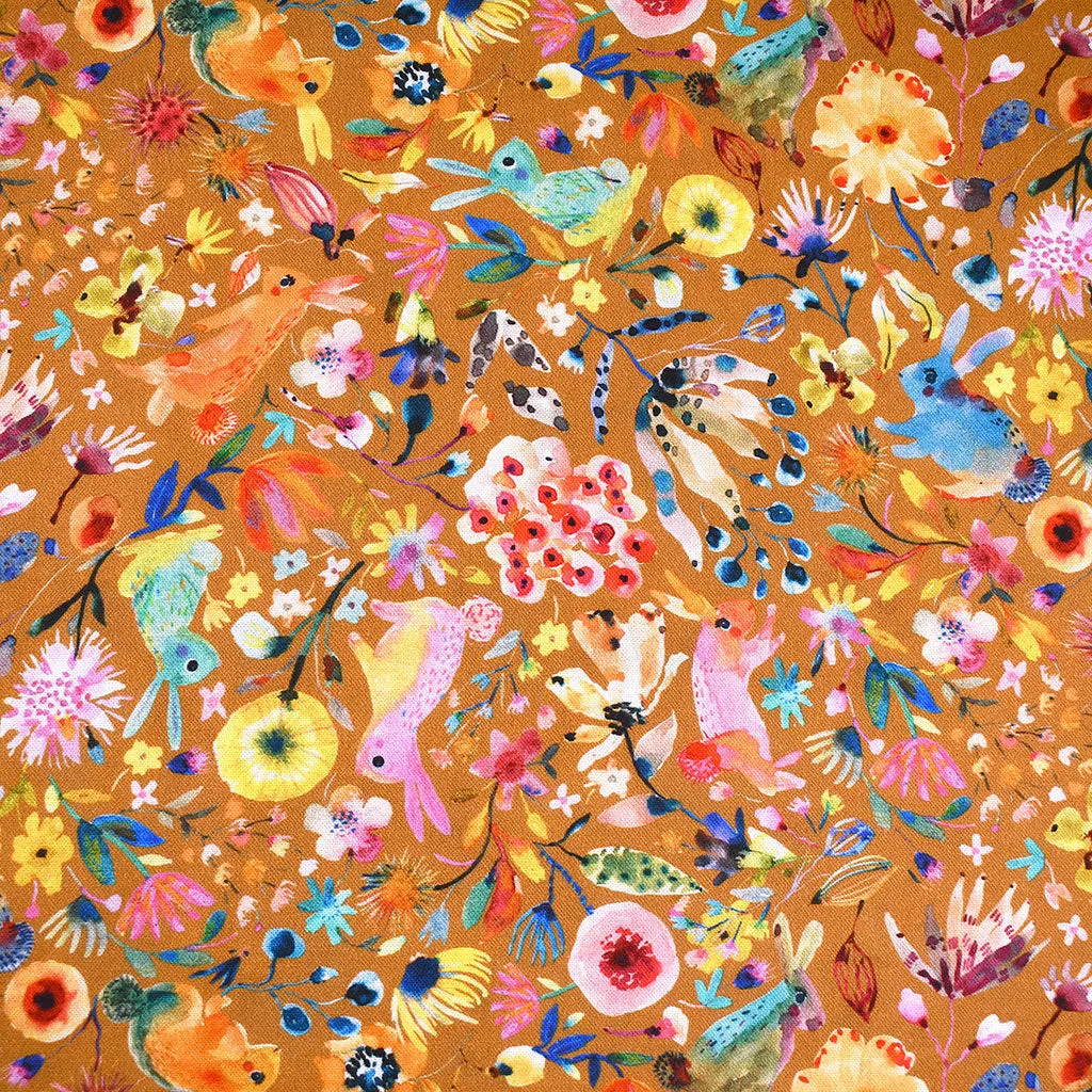 Flora & Fun Bunny Garden Digital Print Cotton Ochre/Multi