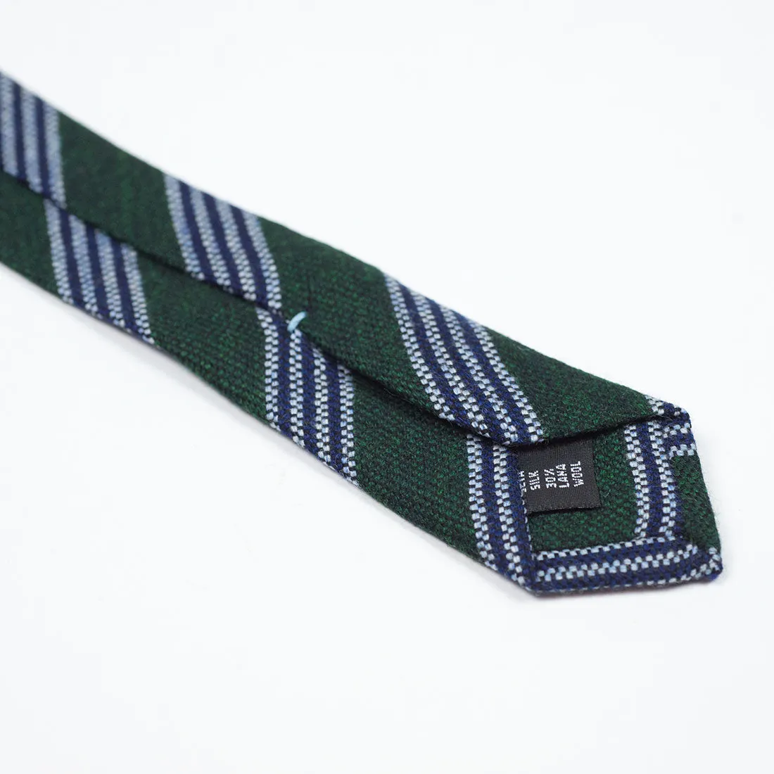 Forest green wool & silk tie, navy & white multi stripes