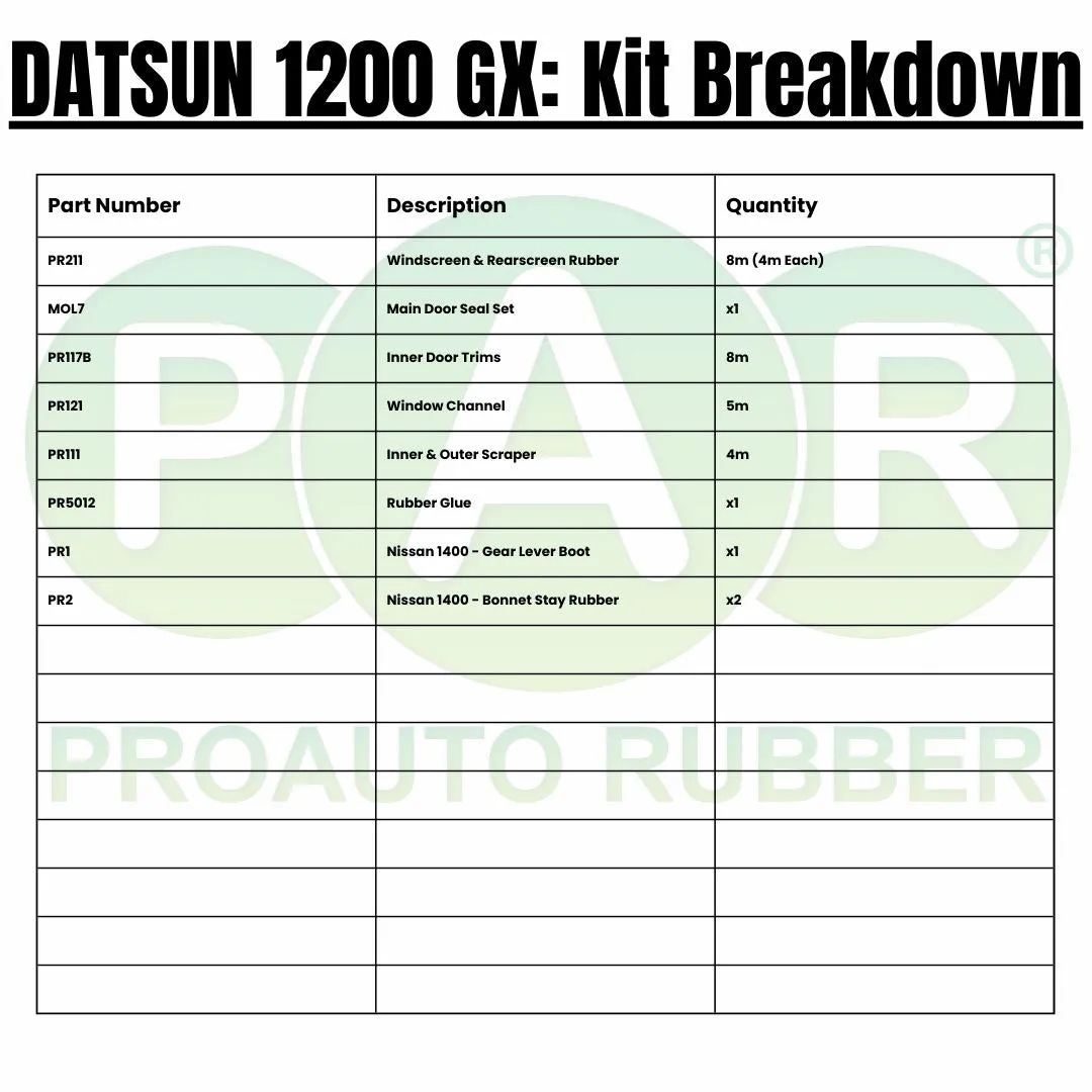 Full Rubber Kit For Datsun 1200 Gx 4 Door