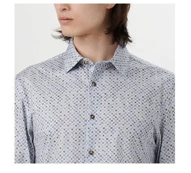 James Mosaic Print OoohCotton Shirt in Air Blue by Bugatchi