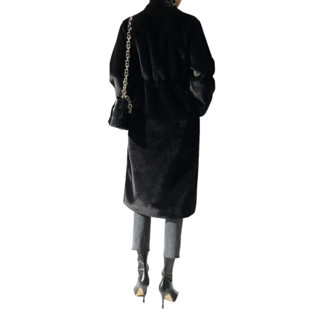 Long Black Faux Mink Fur Coat