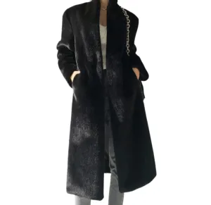 Long Black Faux Mink Fur Coat