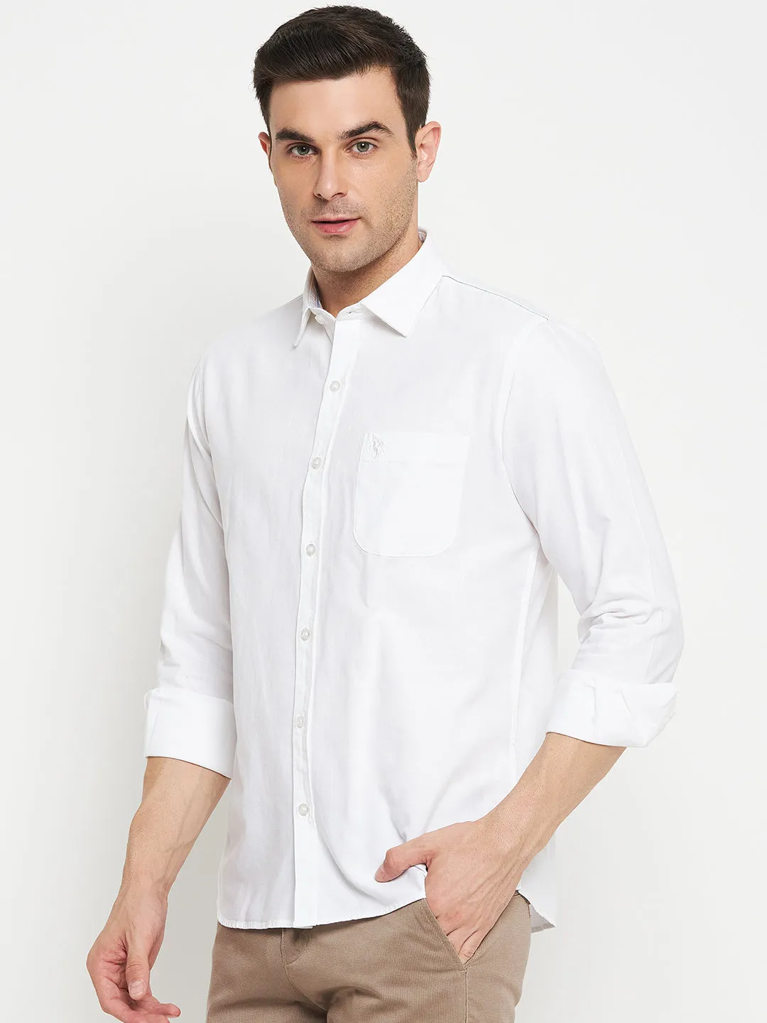 Men's White Casual Self Textured Full Sleeve Shirt