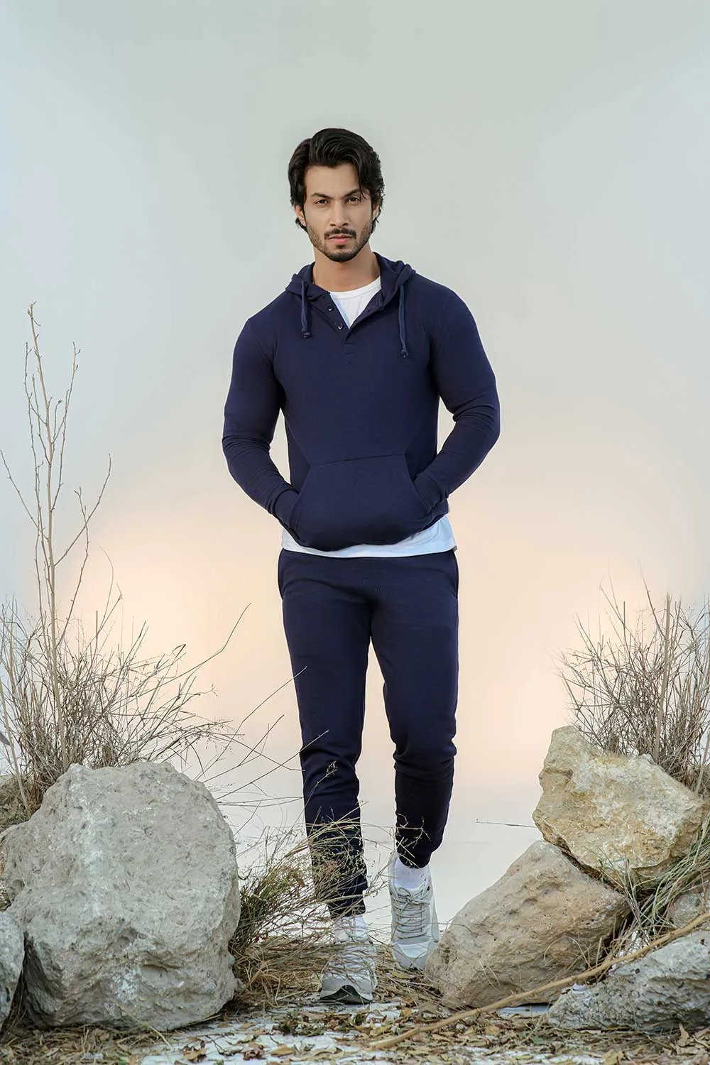 Navy Blue Button-down Pullover Henley Hoodie