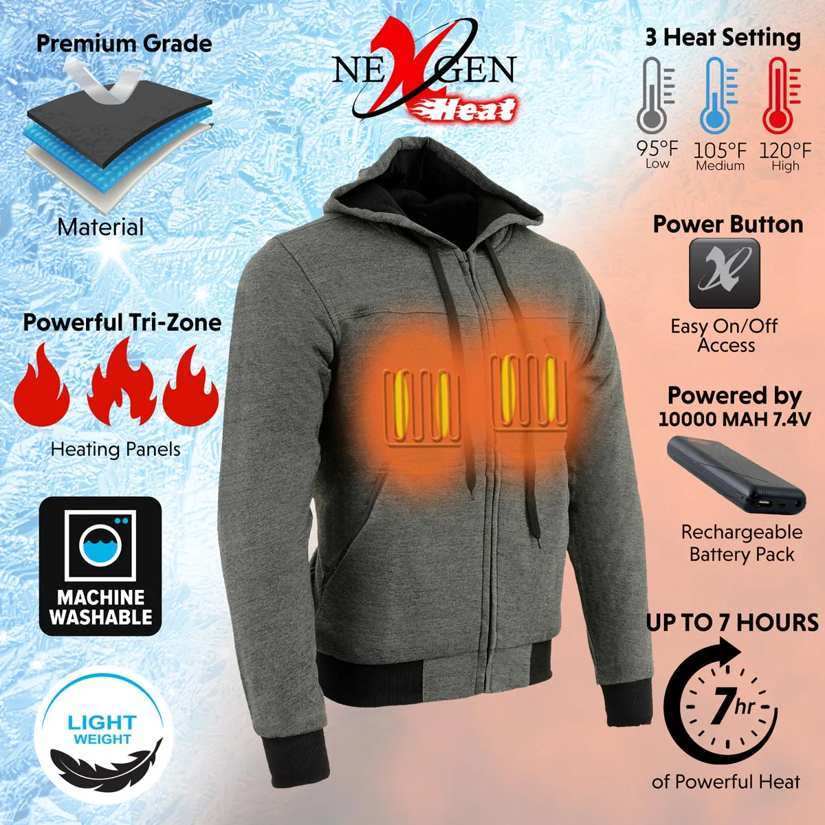 Nexgen Heat MPM1713SET Men's Fiery Grey Heated Sweatshirt Jacket Hoodie for Winter w/Battery Pack