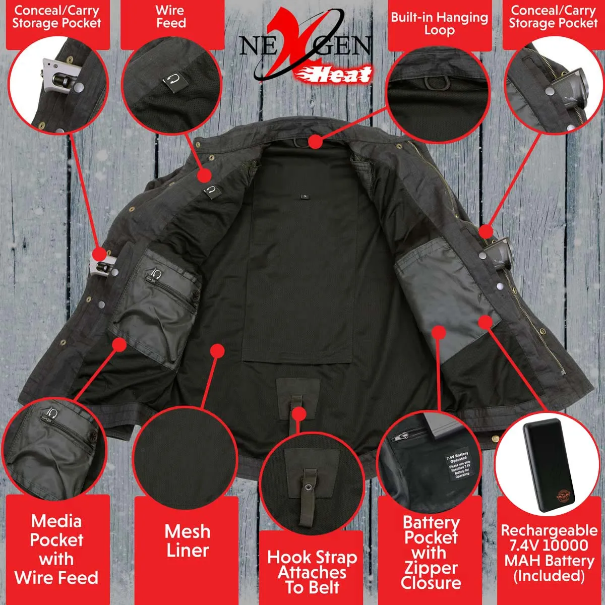 Nexgen Heat NXM1715SET Men's Scorcher Grey Heated Cotton Denim Jacket Shirt for Outdoor Activities w/ Battery Pack