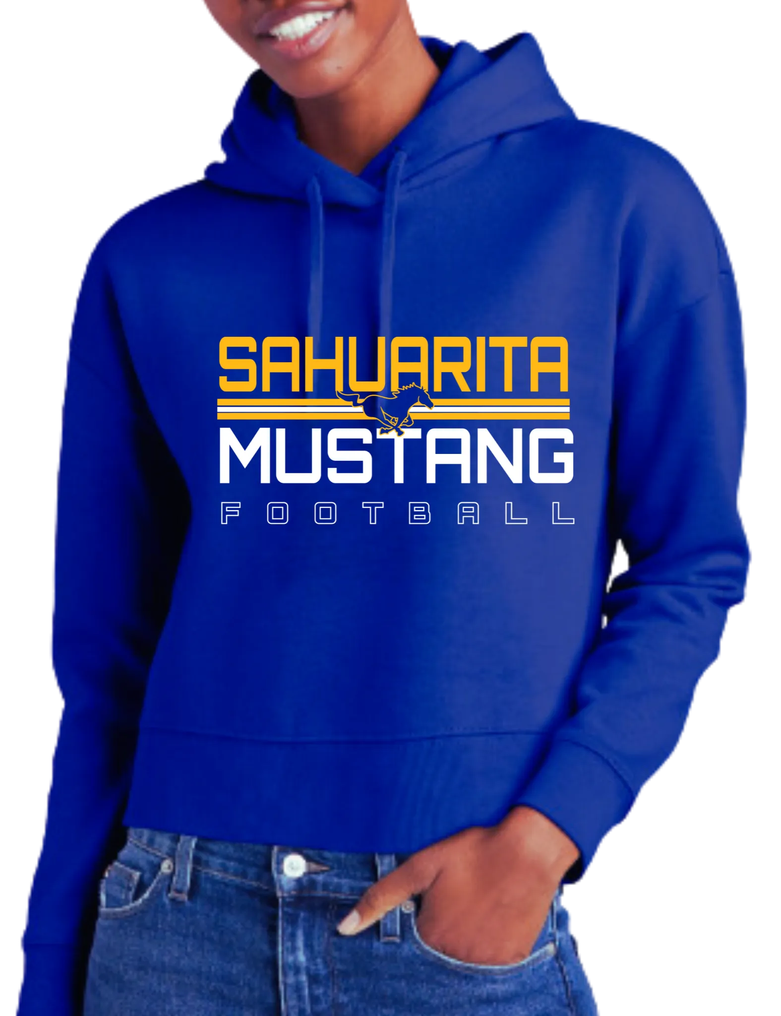 Sahuarita Mustangs Football 2024 Design #3 Unisex Hoodie or Women's Cropped Hoodie Royal Blue or Black