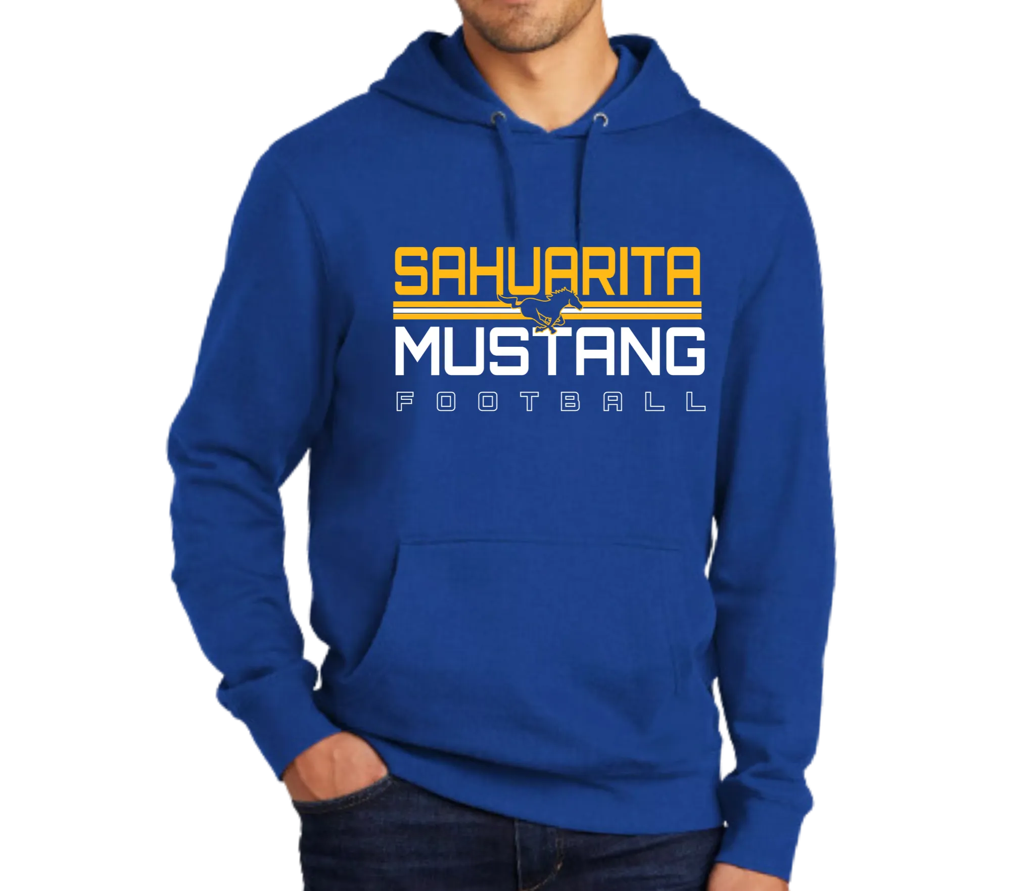 Sahuarita Mustangs Football 2024 Design #3 Unisex Hoodie or Women's Cropped Hoodie Royal Blue or Black