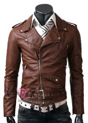 Slim Fit Belted Rider Brown Biker Jacket