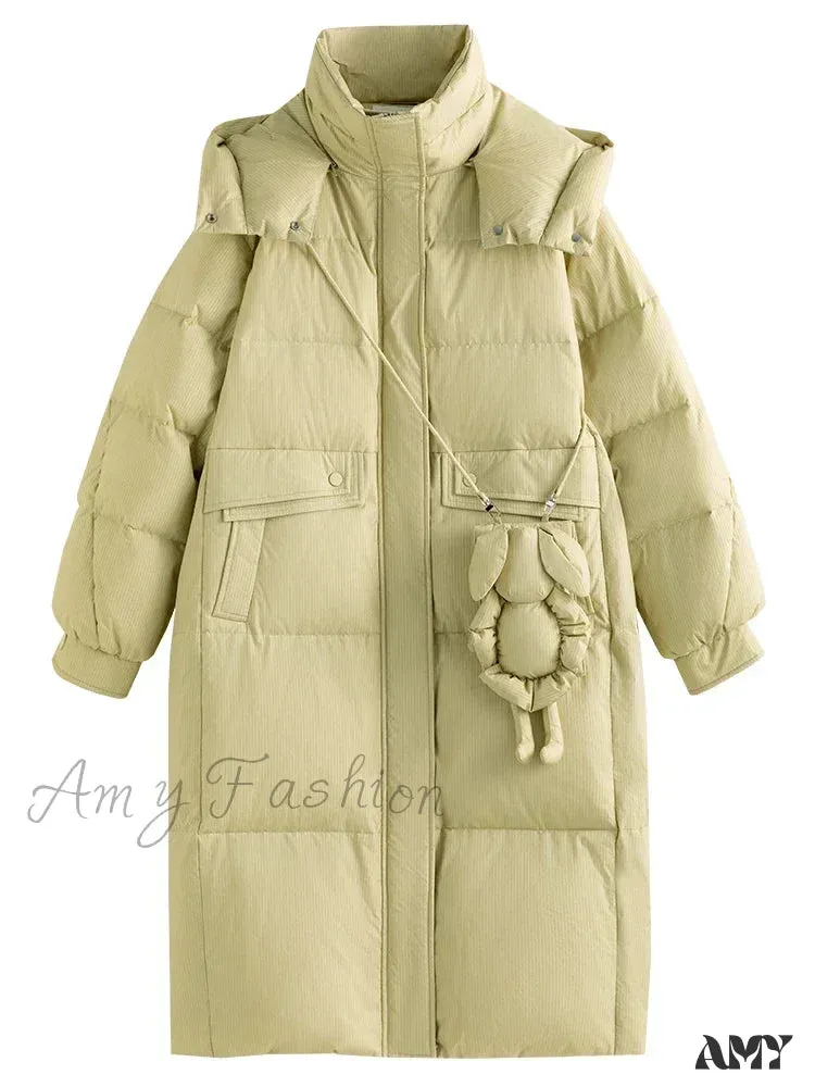 Solid Duck Down Detachable Bunny Bag Long Warm Winter Coat