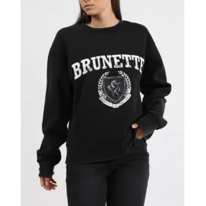 The "BRUNETTE" Distressed Varsity Step Sister Crew | Black Acid Wash