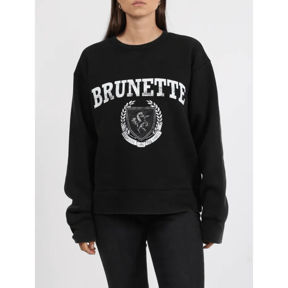 The "BRUNETTE" Distressed Varsity Step Sister Crew | Black Acid Wash