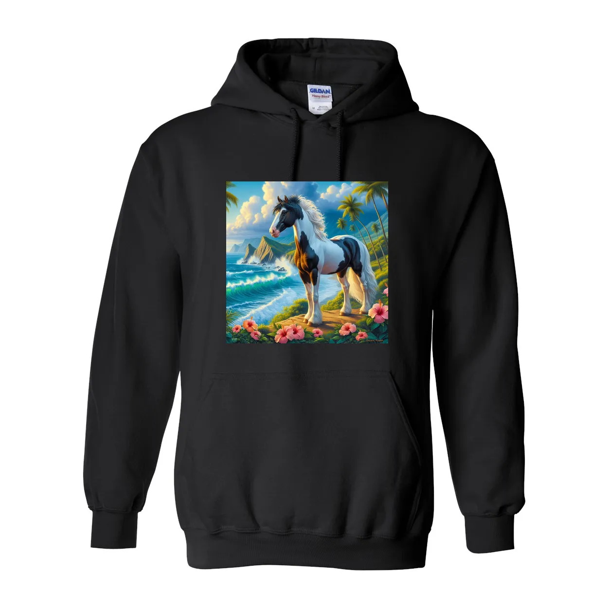 Tropical Black and White Paint Horse Pull over Front Pocket Hoodies