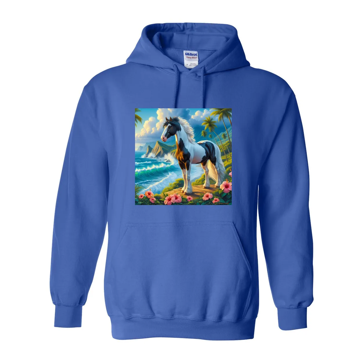 Tropical Black and White Paint Horse Pull over Front Pocket Hoodies