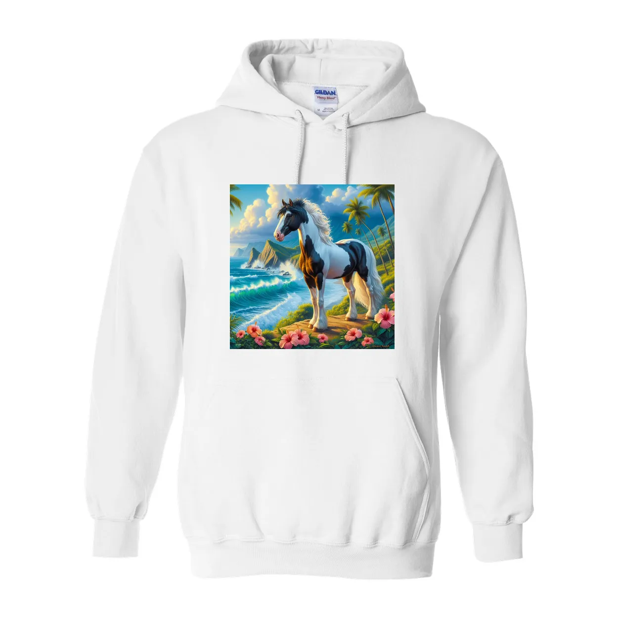 Tropical Black and White Paint Horse Pull over Front Pocket Hoodies