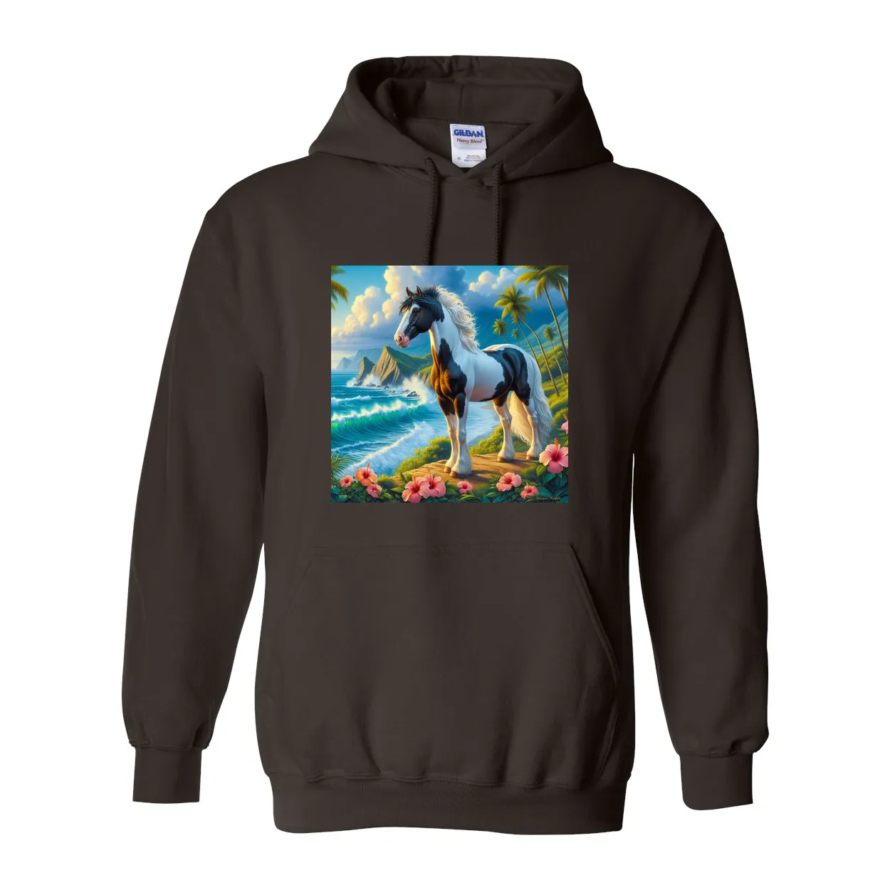 Tropical Black and White Paint Horse Pull over Front Pocket Hoodies