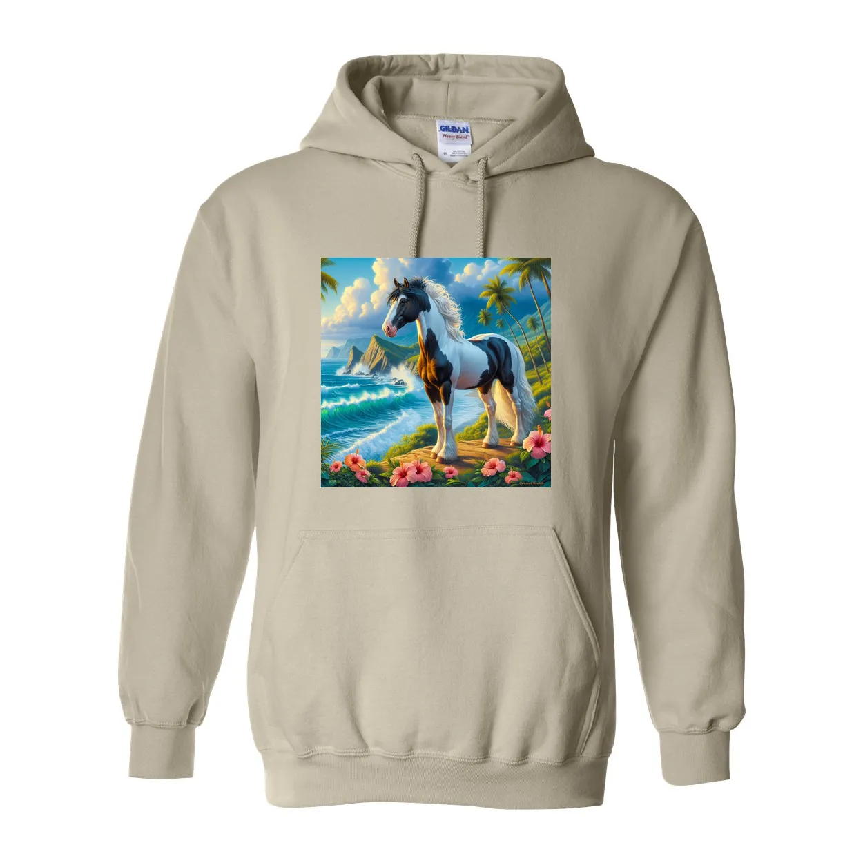 Tropical Black and White Paint Horse Pull over Front Pocket Hoodies