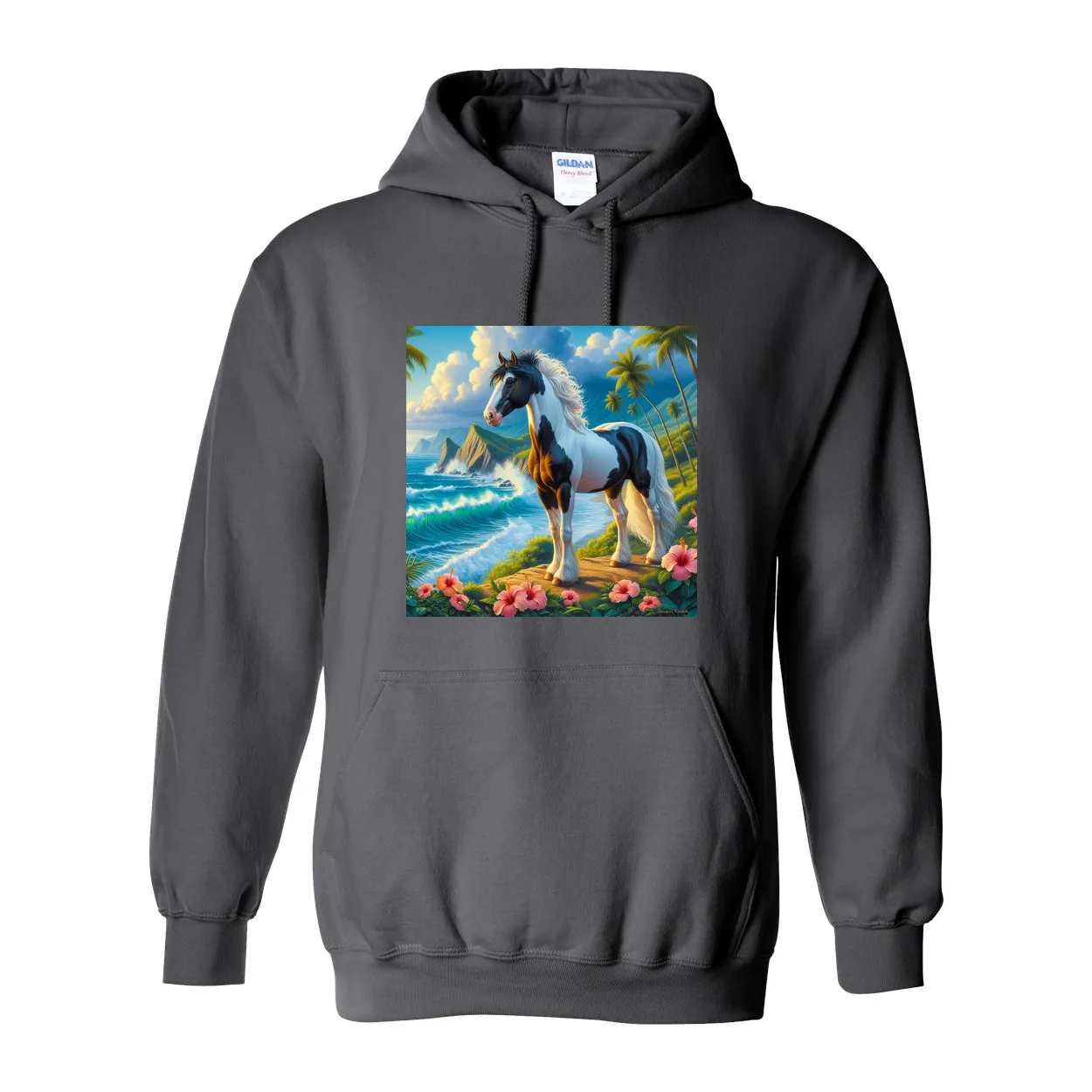 Tropical Black and White Paint Horse Pull over Front Pocket Hoodies