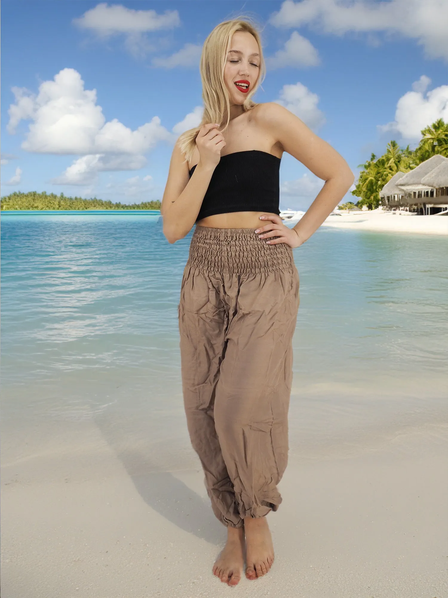 Unisex Harem Yoga Hippie Boho Pants Solid Beige L