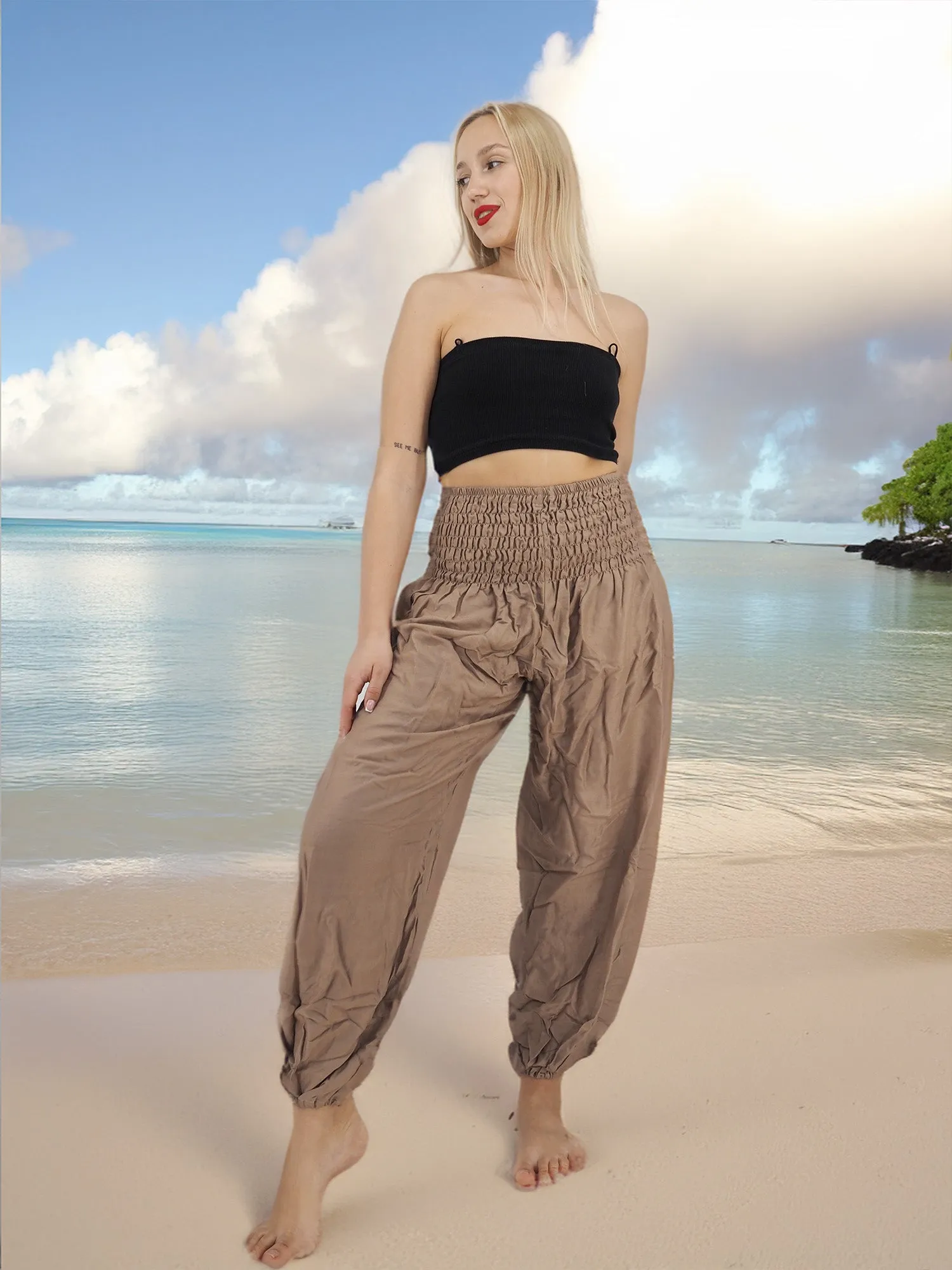 Unisex Harem Yoga Hippie Boho Pants Solid Beige L