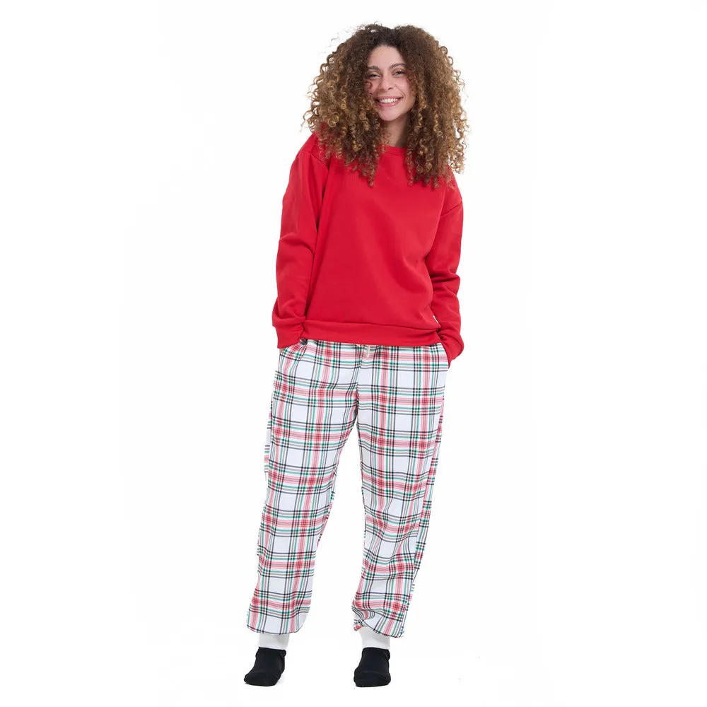 Women Winter Pajama Set Red Sweatshirt   Red x Green Checkered Pants