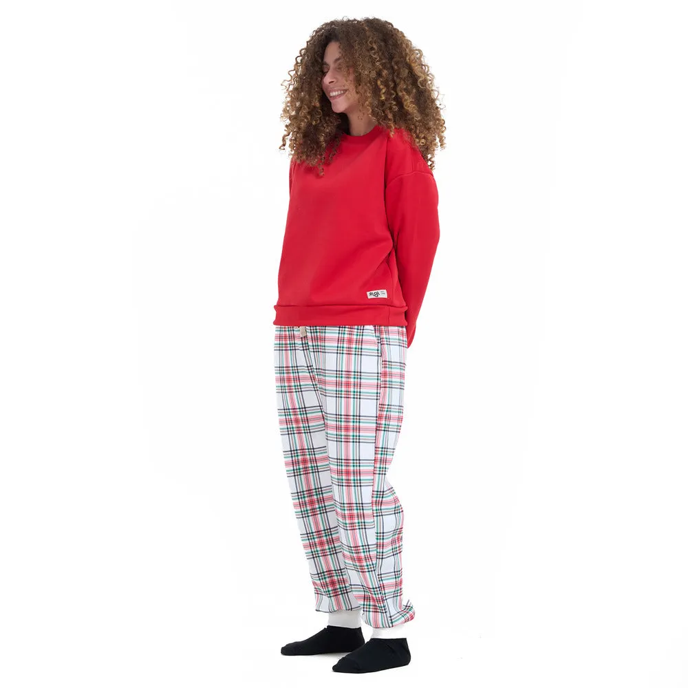 Women Winter Pajama Set Red Sweatshirt   Red x Green Checkered Pants