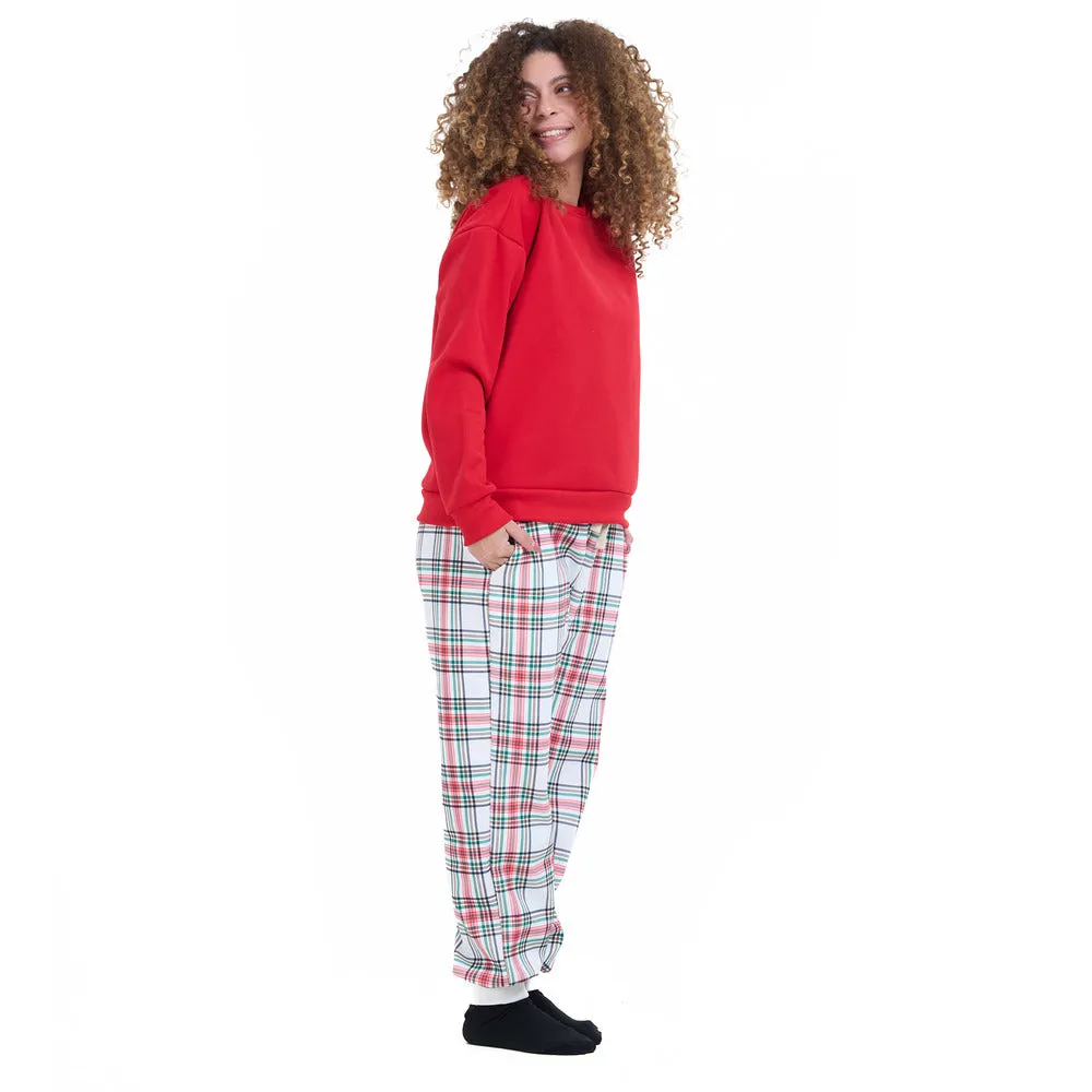 Women Winter Pajama Set Red Sweatshirt   Red x Green Checkered Pants