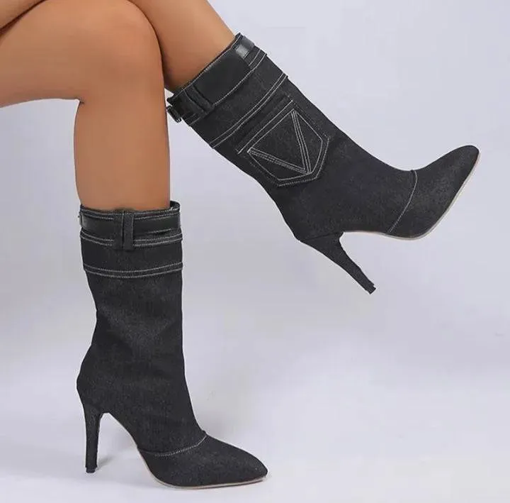 Women's Denim High Heel Mid Calf Boots