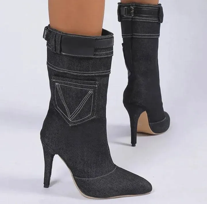 Women's Denim High Heel Mid Calf Boots