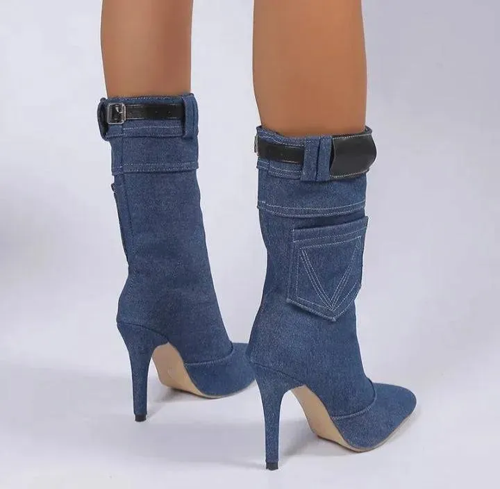 Women's Denim High Heel Mid Calf Boots