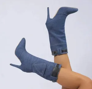 Women's Denim High Heel Mid Calf Boots