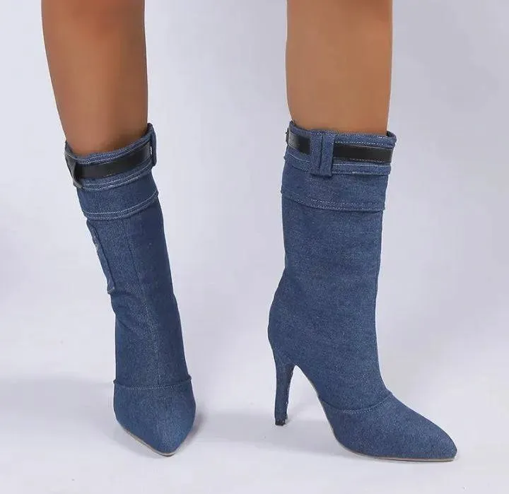 Women's Denim High Heel Mid Calf Boots