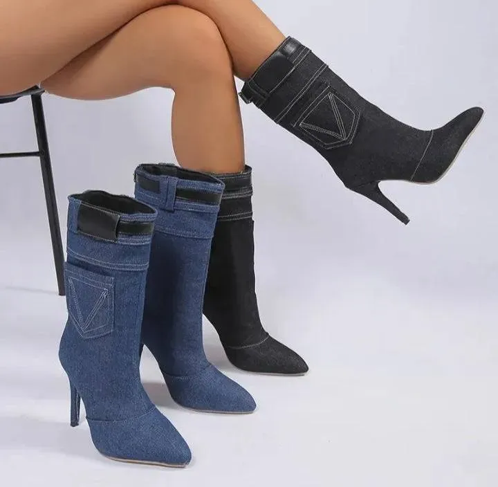 Women's Denim High Heel Mid Calf Boots