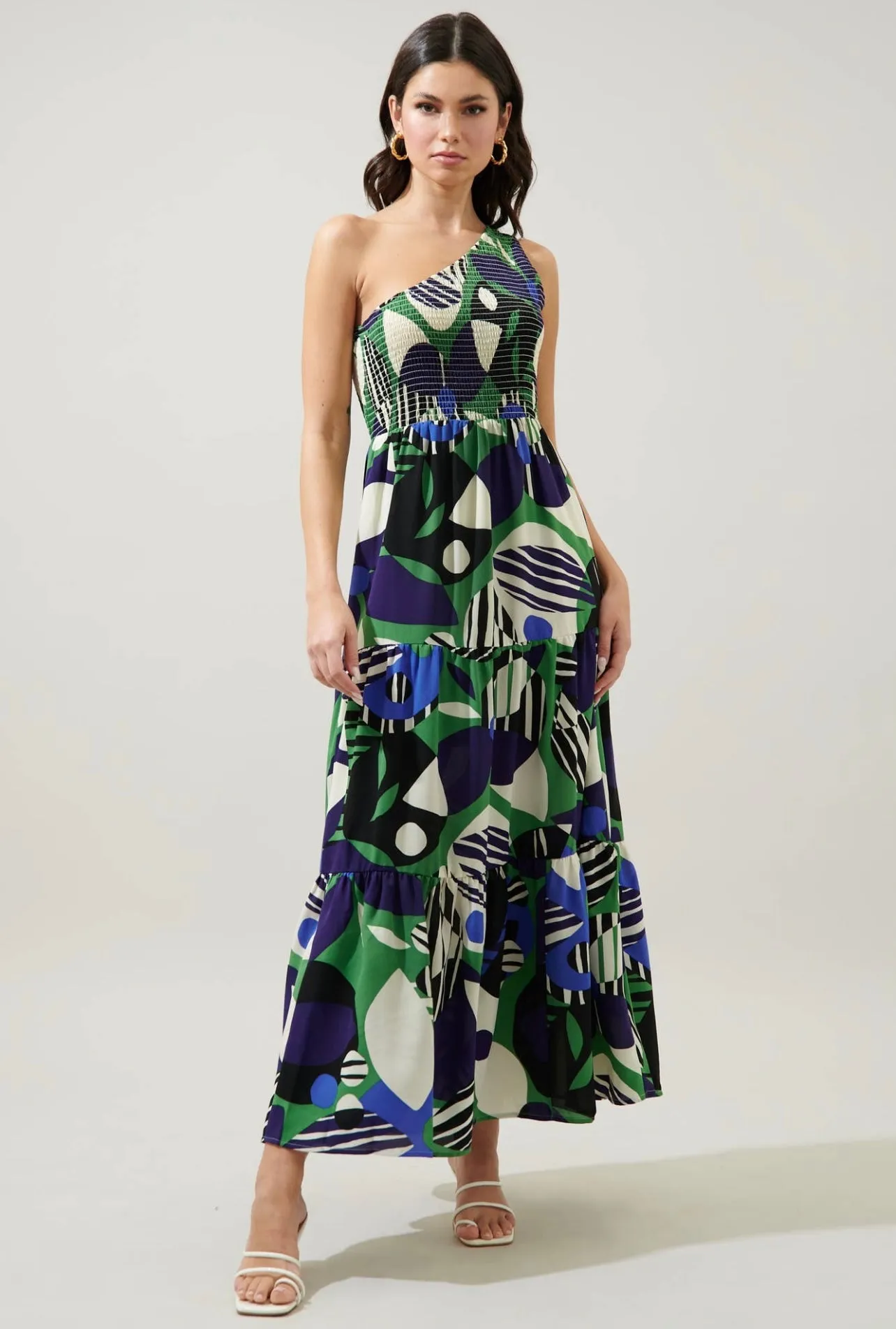 Xandria Geometric Smocked One Shoulder Lys Maxi Dress