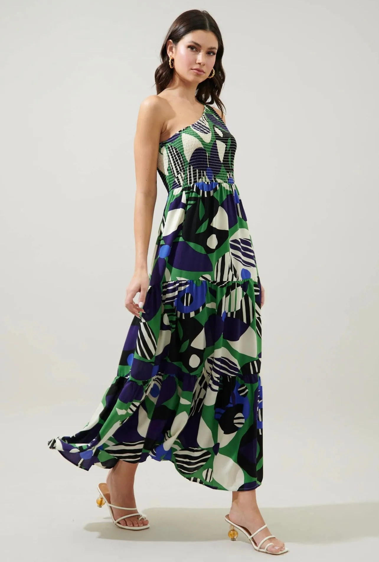 Xandria Geometric Smocked One Shoulder Lys Maxi Dress